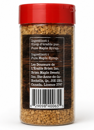 Back label of maple sugar shaker showing pure maple syrup ingredient, barcode, and product information.