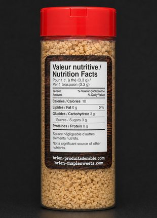 Back of maple sugar shaker showing bilingual nutrition facts for granulated maple sugar.