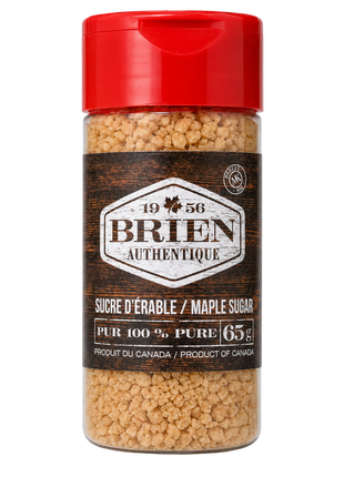 Maple sugar shaker 65g with red cap, Brien Authentique label, and granulated Canadian maple sugar.