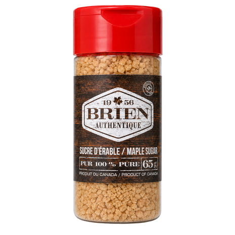 Maple sugar shaker 65g with red cap, Brien Authentique label, and granulated Canadian maple sugar.