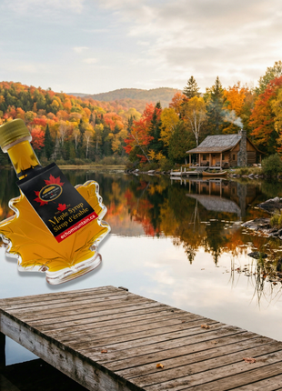 Pure maple syrup in a maple leaf glass bottle over a rustic Canadian lakeside cabin scene with autumn trees