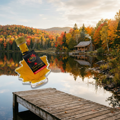 Pure maple syrup in a maple leaf glass bottle over a rustic Canadian lakeside cabin scene with autumn trees