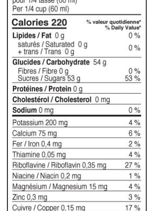 Nutrition facts label for maple syrup showing calories, carbohydrates, sugars, and minerals per 1/4 cup serving