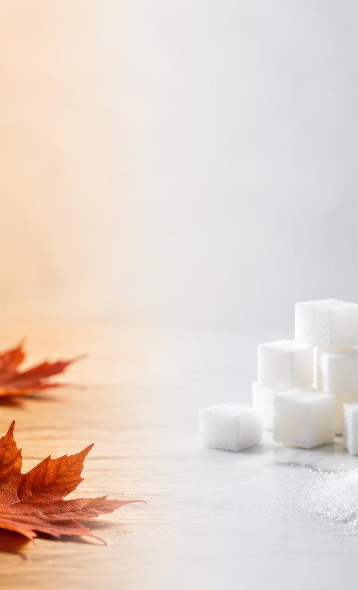 Canadian maple syrup in a maple leaf bottle beside refined white sugar, showing a visual comparison between pure maple syrup and processed sugar.