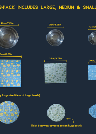 Size guide for LOONMOON 3-pack Canadian beeswax wraps showing large 35x35 cm (13.75 in), medium 25x25 cm (9.75 in), and small 20x20 cm (7.95 in) wraps with matching bowl examples, highlighting that the large wrap fits most large bowls and the waxed cotton molds tightly to cover food.