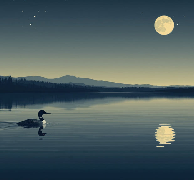Vector illustration of a moonlit Canadian lake with a loon and reflected moon among stars. - LOONMOON