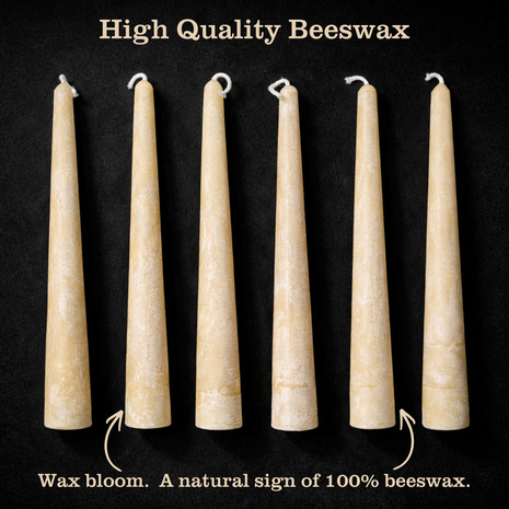 Six off-white beeswax taper candles on a black background with text ‘High Quality Beeswax’ and a caption pointing out wax bloom as a natural sign of 100% beeswax.