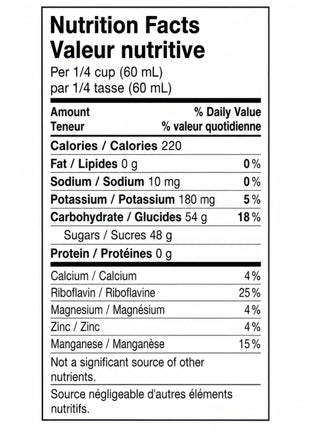 A clear bilingual Nutrition Facts panel for the 500 mL organic maple syrup jug, showing values per 1/4 cup or 60 mL serving.  The panel lists 220 calories, 48 g of sugars, 54 g of carbohydrates and the stated amounts of potassium, calcium, riboflavin, magnesium, zinc and manganese in a clean, easy-to-read format.