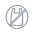 Navy line art icon of a crossed-out plastic bag for plastic-free food storage.