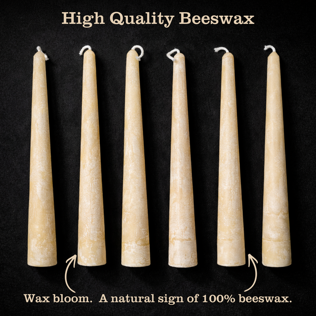 Pure beeswax taper candles video showing natural wax bloom, hand-packaged gift-ready box, and lit 8-inch beeswax candles for rustic home decor and cozy homestead living.