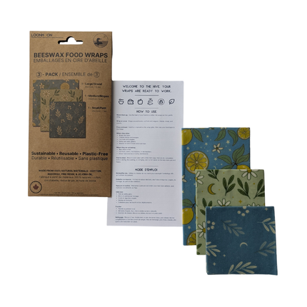 LOONMOON 3 pack beeswax food wraps with kraft packaging, bilingual care insert, and three lemon olive and midnight blue patterns on a white background