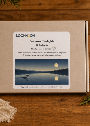 LOONMOON 100% beeswax tealights in a closed kraft box, 12 pack