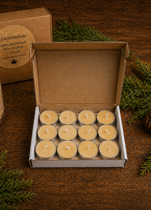 LOONMOON 100% beeswax tealights in an open kraft box, 12 pack