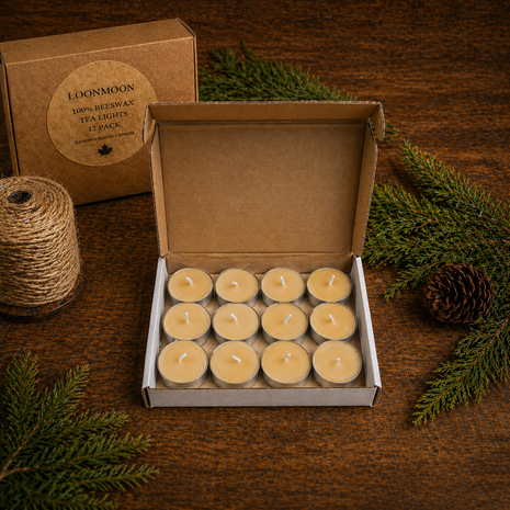 LOONMOON 100% beeswax tealights in an open kraft box, 12 pack