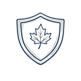Blue line art shield icon with a maple leaf, representing tracked shipping and secure Canadian gift delivery.