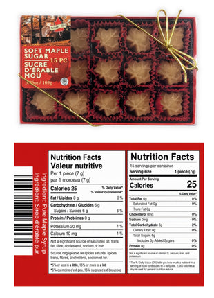 Fifteen-piece box of soft maple sugar candies shown with the bilingual nutrition facts and ingredient information.  The leaf-shaped candies are made with pure maple syrup and presented in individual red cups inside a gift-style box with a clear lid and gold cord.