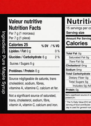 Rear nutrition facts label for a 15-piece soft maple sugar candy gift box made in Canada, featuring bilingual English and French nutrition information, ingredient statement, barcode and serving details.  Pure Canadian maple syrup candy with professional packaging and clearly presented nutritional information for shoppers and online product listings.