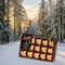 Soft maple sugar candies in a gift box set against a snowy Canadian forest with warm, golden sunlight, evoking a cozy winter scene, showcasing authentic Canadian maple treats