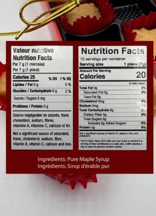 Nutrition facts and ingredients label for soft maple sugar candies, showing values per piece and listing pure maple syrup as the only ingredient