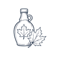 Line art maple syrup bottle with maple leaves, representing real Canadian maple syrup.