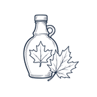 Line art maple syrup bottle with maple leaves, representing real Canadian maple syrup.