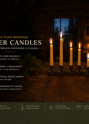 100% pure beeswax taper candle benefits poster showing 6 handmade Canadian tapers, approx. 6-hour burn, natural honey aroma, and standard holder fit
