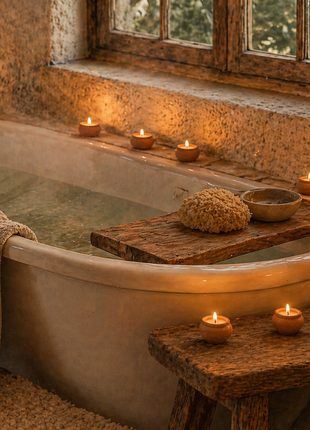 Beeswax tealights in clay holders beside a cozy bathtub