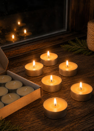 Hand-poured Canadian beeswax tealights glowing by a window at night, shown with a 12-pack box of unlit tealights on a rustic wooden surface.