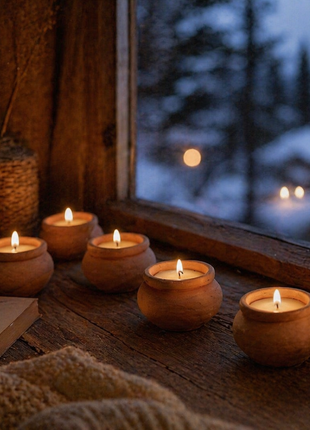 Beeswax tealights on a wooden windowsill at dusk