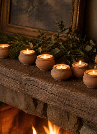 Beeswax tealights glowing on a rustic fireplace mantle