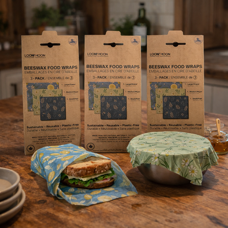 Reusable beeswax food wraps 3-pack by LoonMoon shown in packaging and in use on food, featuring sandwich wrap and bowl cover in a rustic homestead kitchen.