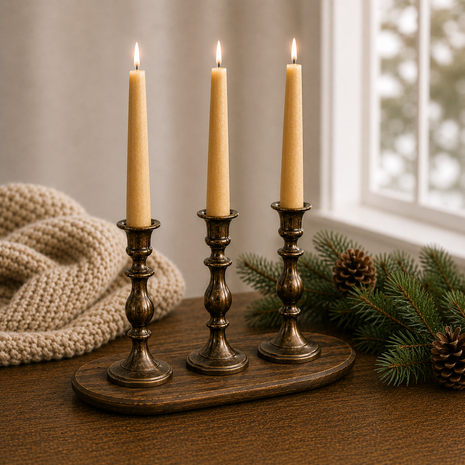 Beeswax taper candles in dark brass holders on a wooden tray, styled with pine branches and a knit blanket by a bright window.