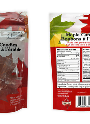 Front and back views of a 90-gram bag of individually wrapped traditional maple candies made with pure maple syrup.  The image shows the maple leaf packaging, bilingual nutrition facts, ingredient list, barcode, and Canadian product information for the candies included in the sampler.