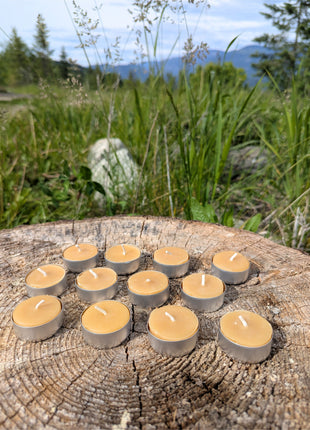 Twelve beeswax tealight candles are arranged across the growth rings of a weathered tree stump in a natural outdoor setting.  The close lifestyle image clearly shows the full 12-pack, warm wax colour, aluminum cups, and cotton wicks against grasses, trees, and distant mountains.