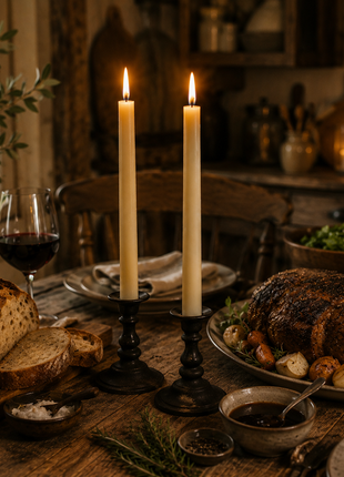 Two hand-poured LOONMOON beeswax taper candles burning beside a rustic homestead dinner with fresh bread, roast beef, wine, and wooden farmhouse table decor in a warm country kitchen.