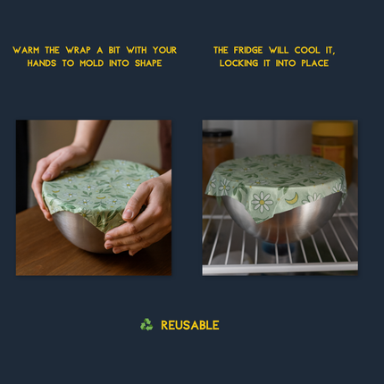 Two-step use of LOONMOON Canadian-made beeswax wrap on a metal bowl: warm the wrap with hands to mold a seal, then chill in the fridge so it firms up and stays in place as a reusable plastic-free cover.