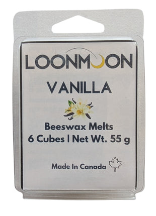 LOONMOON Vanilla beeswax melts displayed in a clear clamshell package on a clean white background.  The label highlights the vanilla scent, six cubes, 55 g net weight, and Canadian-made presentation for a simple and polished individual product image.