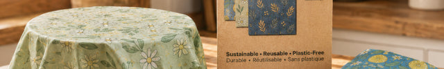 LOONMOON reusable beeswax food wraps made in Canada, shown covering a bowl, wrapping cheese, and holding a sandwich for plastic-free food storage.